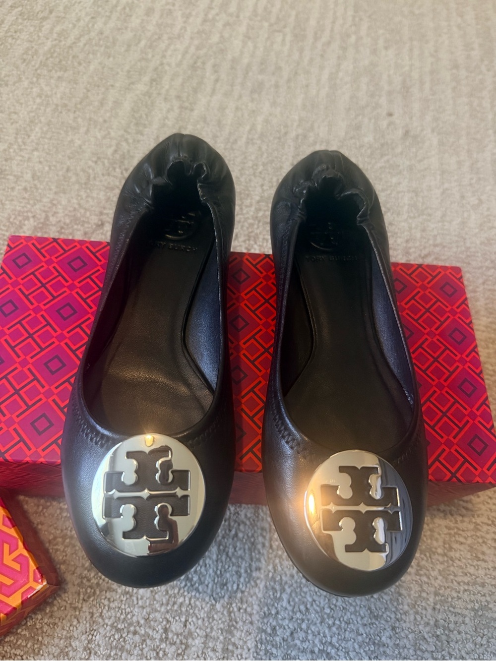 Tory Burch Black Leather Logo Ballet Flats